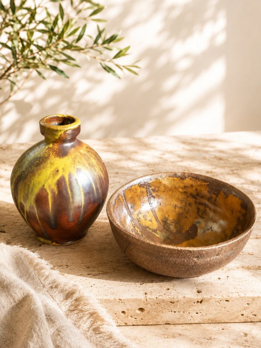 Vintage Hand Thrown Signed Studio Pottery Stoneware Tea Bowl and Bud Vase Set